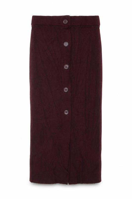 ICHI Women Red M Ribbed Knit Midi Pencil Skirt Button Front