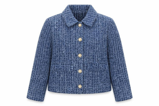 M&S Womens Blue Cotton Tweed Cropped Jacket Size 10 Collared