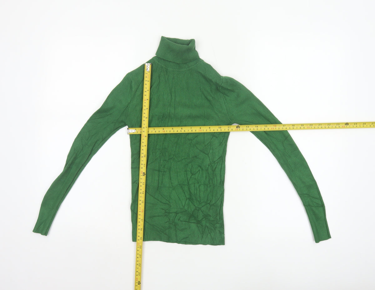 Marks & Spencer Women Green UK 6 Ribbed Roll Neck Slim Pullover Jumper