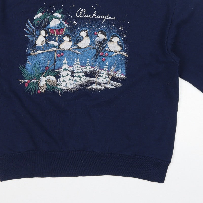Jerzees Unisex Blue L Pullover Sweatshirt Christmas Bird Graphic