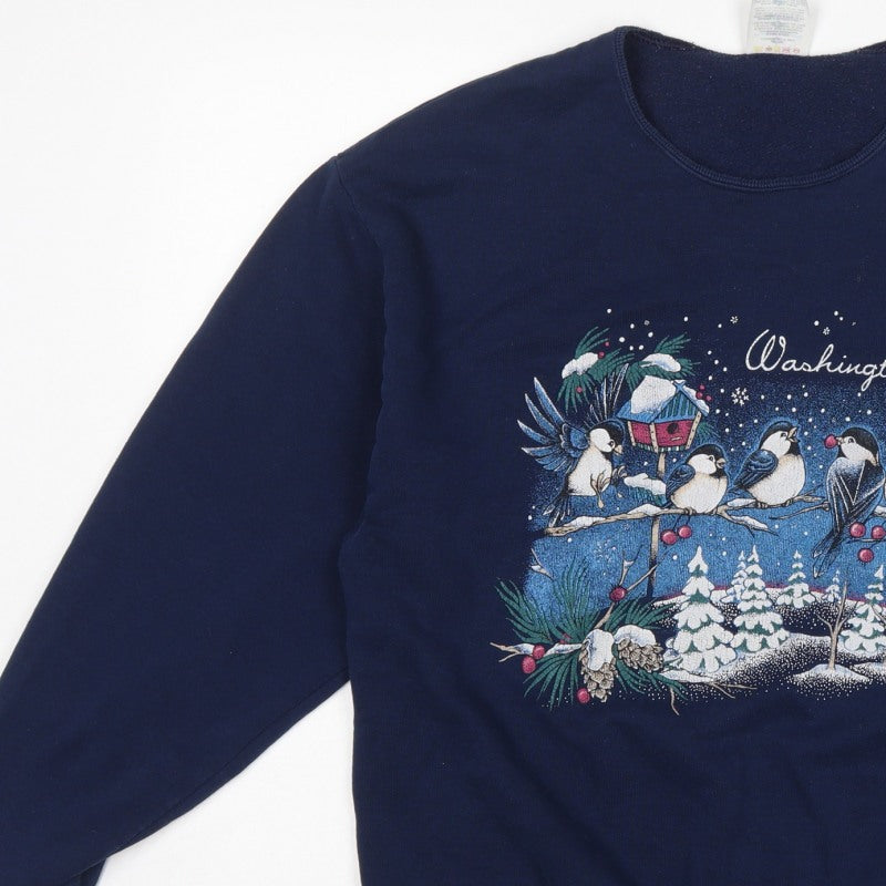 Jerzees Unisex Blue L Pullover Sweatshirt Christmas Bird Graphic