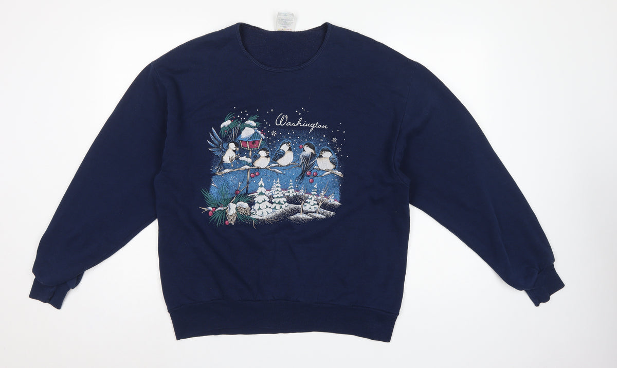 Jerzees Unisex Blue L Pullover Sweatshirt Christmas Bird Graphic