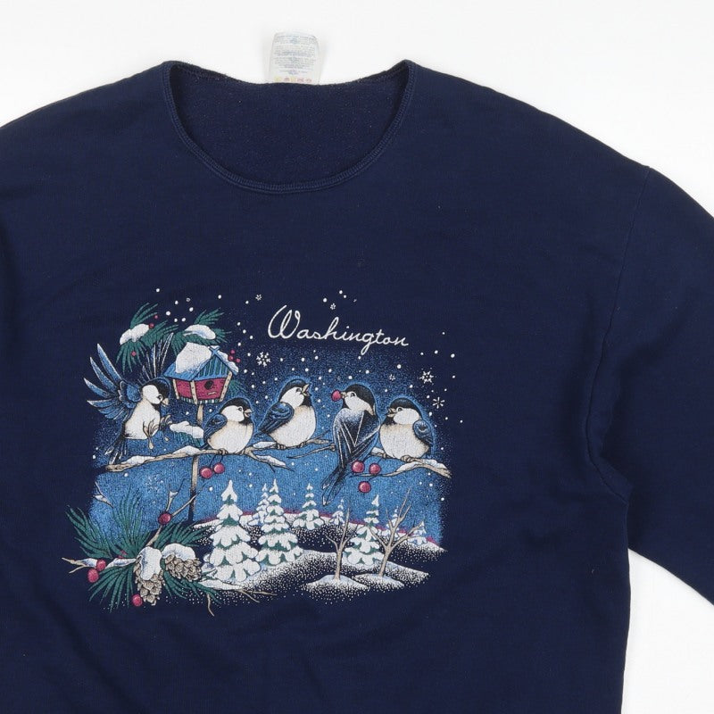 Jerzees Unisex Blue L Pullover Sweatshirt Christmas Bird Graphic