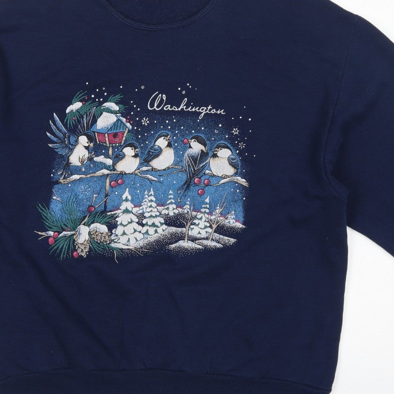 Jerzees Unisex Blue L Pullover Sweatshirt Christmas Bird Graphic