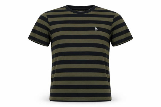 Original Penguin Mens Green Black Striped Logo Crew Neck T-Shirt M