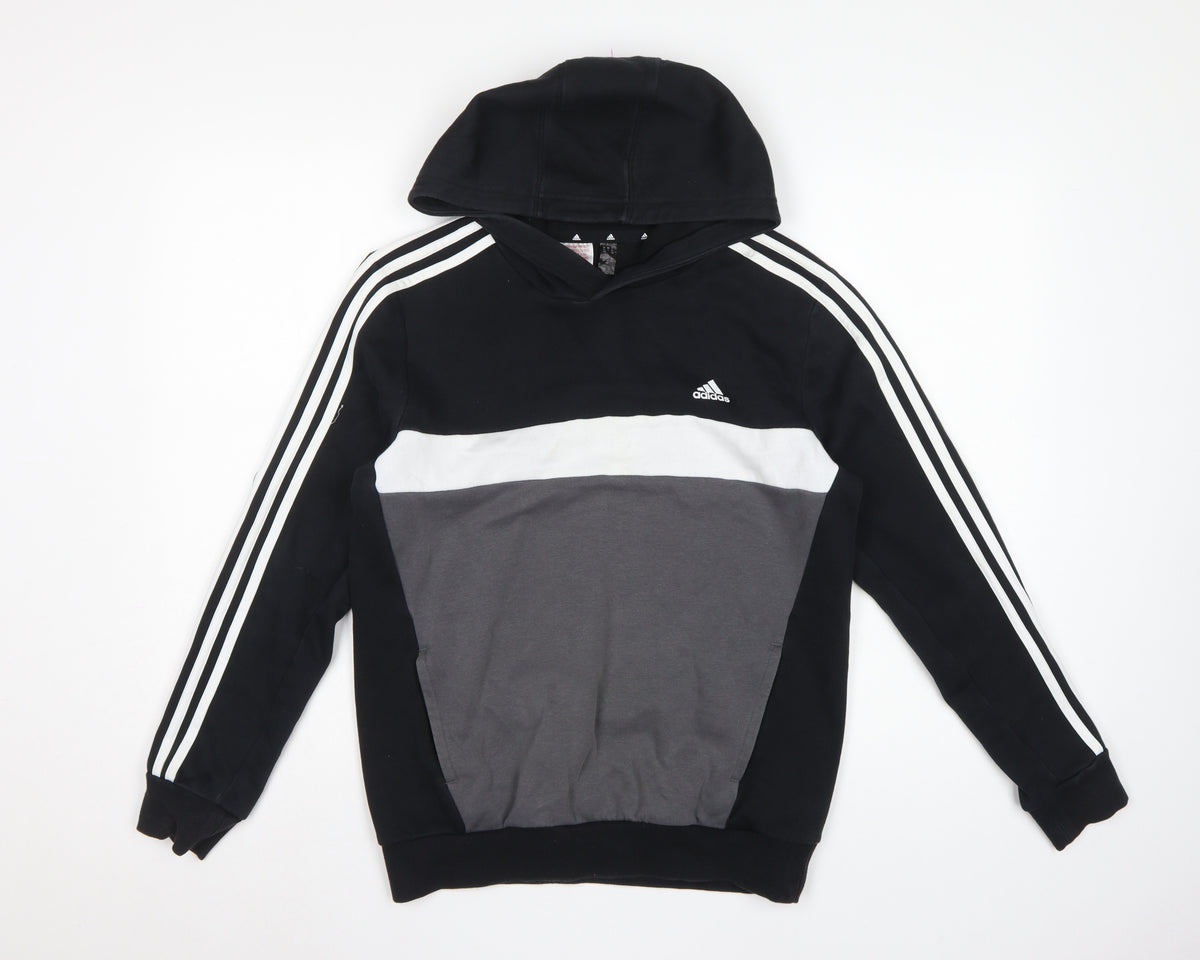 Adidas Boys 13-14 Years Black Grey Colourblock Pullover Hoodie Logo
