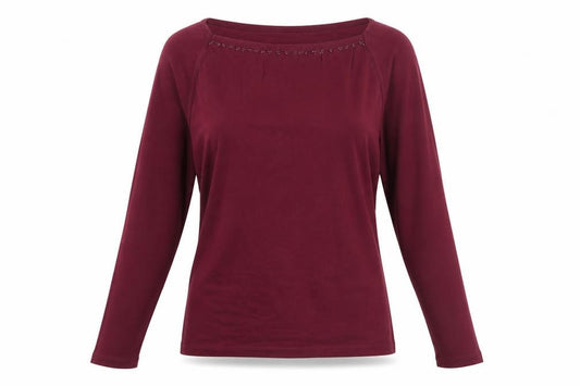Dockers Women Red L Square Neck Beaded Raglan Long Sleeve Cotton Top