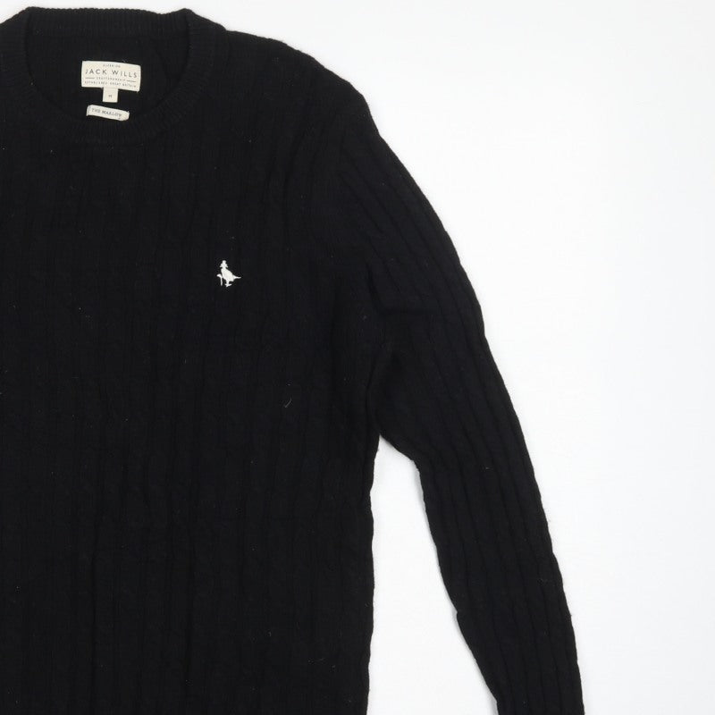Jack Wills Men’s Black M Marlow Cable Knit Wool Blend Crew Neck Jumper