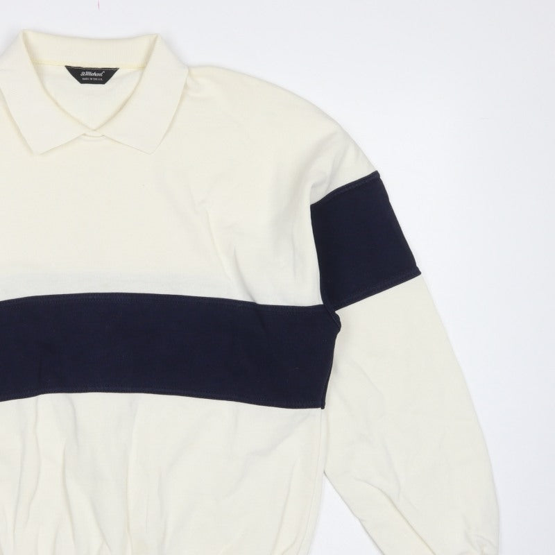 St Michael Mens Ivory Navy Colour Block Collared Sweatshirt L