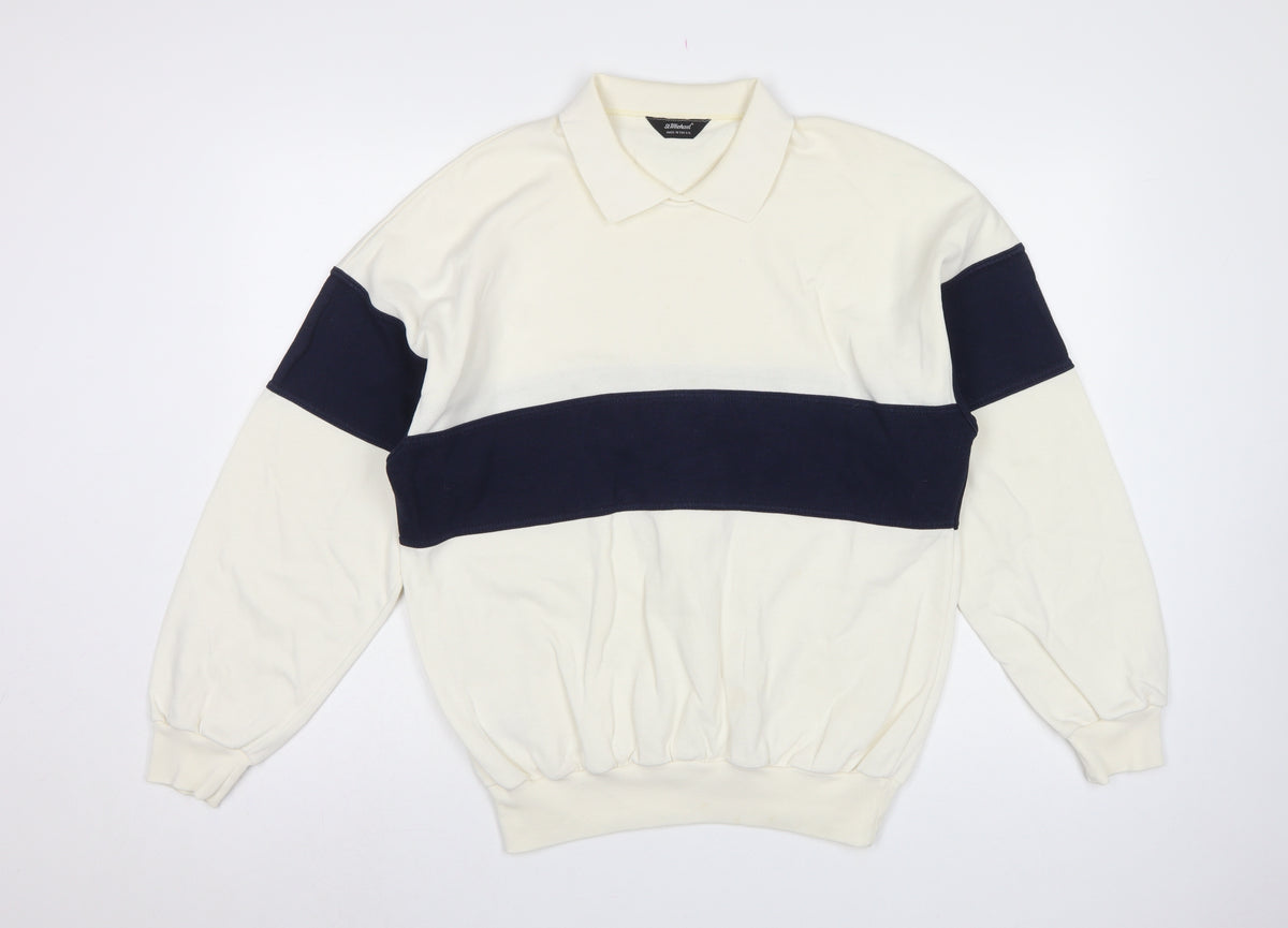 St Michael Mens Ivory Navy Colour Block Collared Sweatshirt L