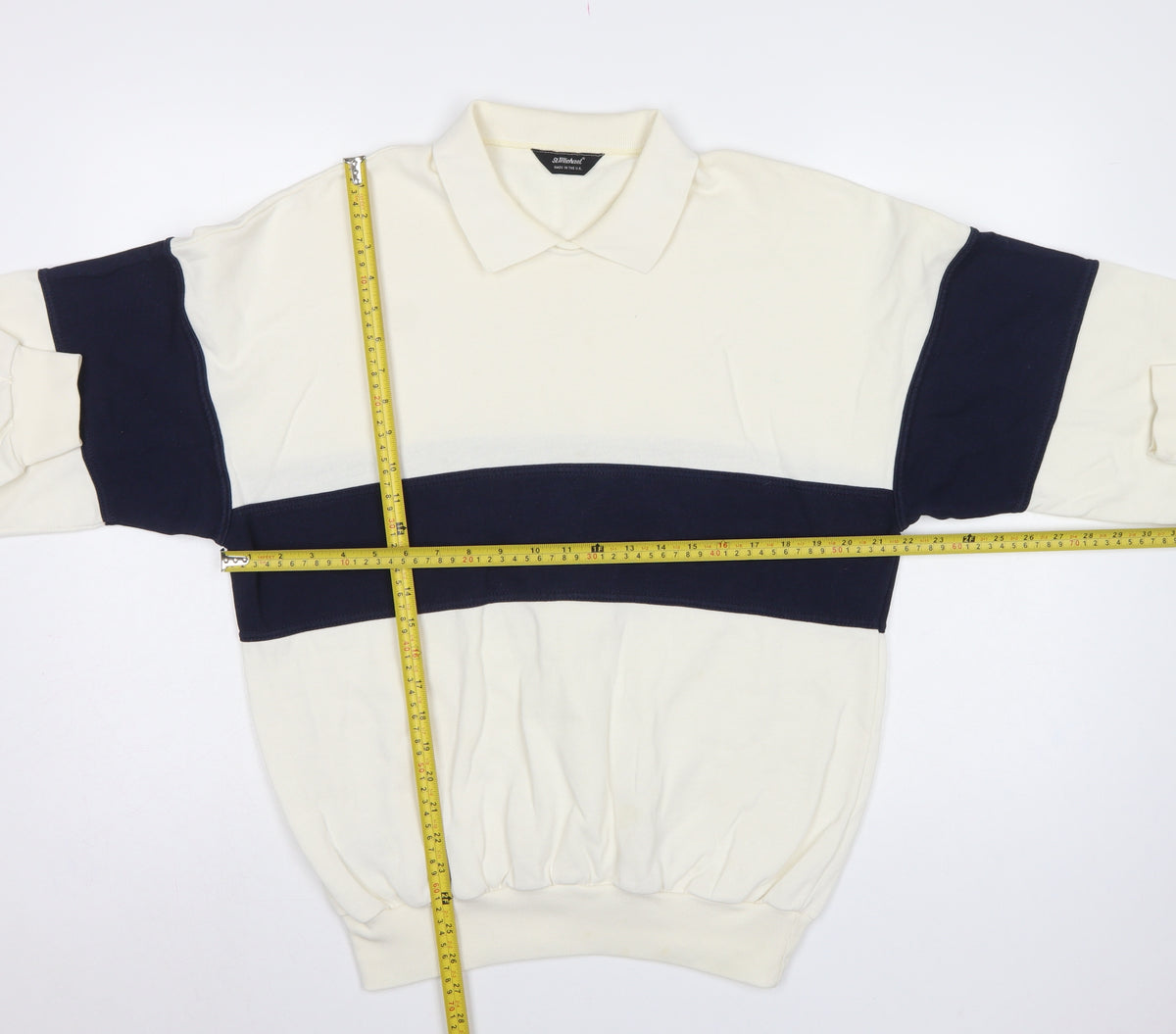 St Michael Mens Ivory Navy Colour Block Collared Sweatshirt L
