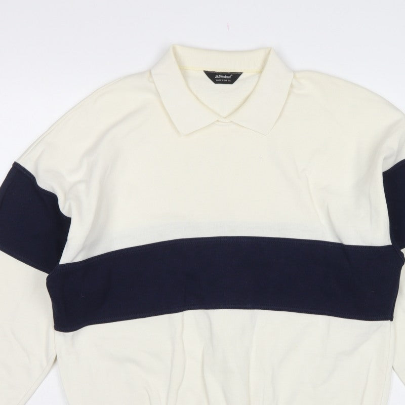 St Michael Mens Ivory Navy Colour Block Collared Sweatshirt L