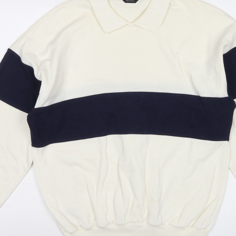 St Michael Mens Ivory Navy Colour Block Collared Sweatshirt L