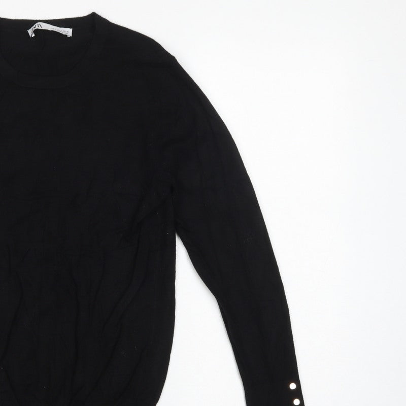 Zara Women Black L Crew Neck Knit Pullover Jumper Button Cuffs