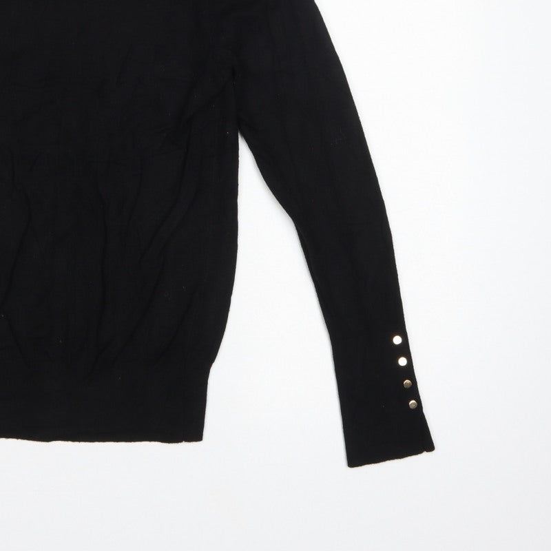 Zara Women Black L Crew Neck Knit Pullover Jumper Button Cuffs