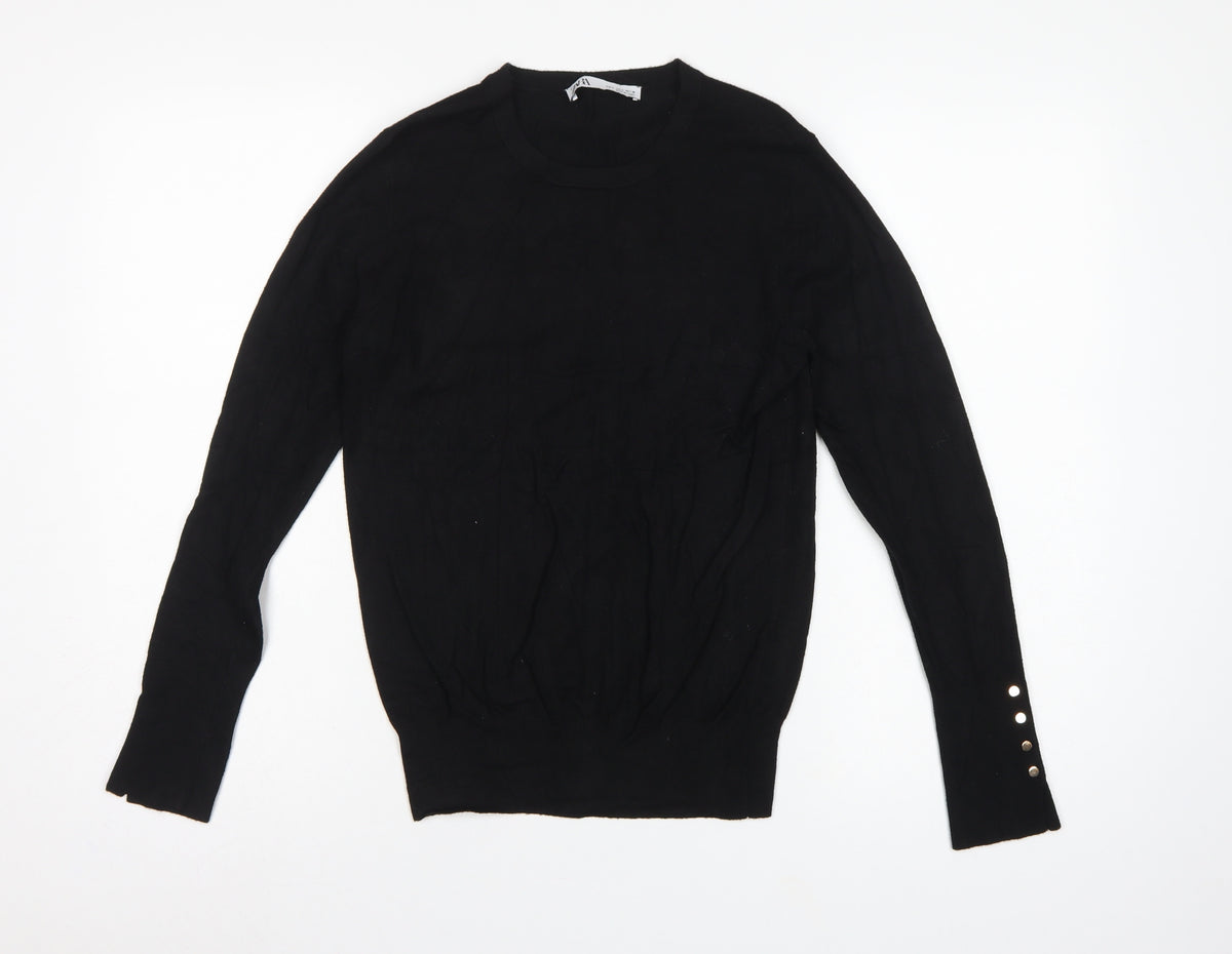 Zara Women Black L Crew Neck Knit Pullover Jumper Button Cuffs