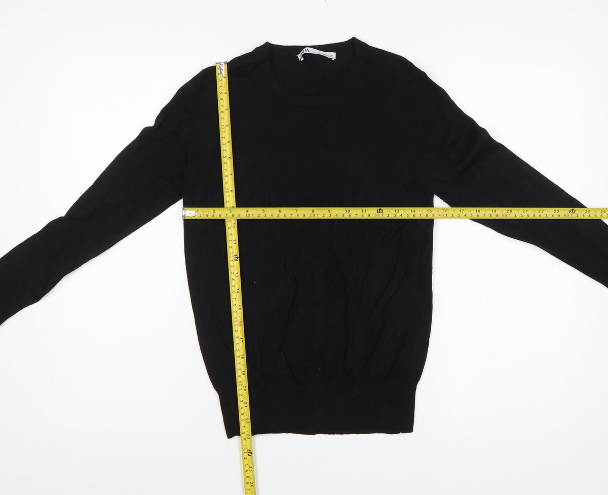 Zara Women Black L Crew Neck Knit Pullover Jumper Button Cuffs