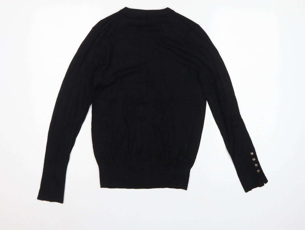 Zara Women Black L Crew Neck Knit Pullover Jumper Button Cuffs