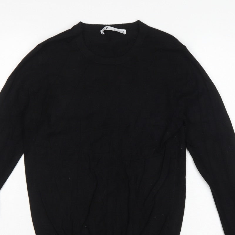 Zara Women Black L Crew Neck Knit Pullover Jumper Button Cuffs
