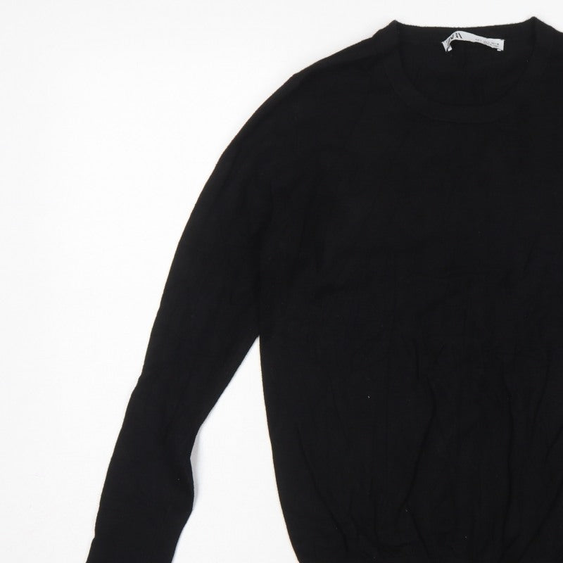 Zara Women Black L Crew Neck Knit Pullover Jumper Button Cuffs