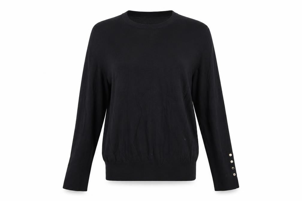 Zara Women Black L Crew Neck Knit Pullover Jumper Button Cuffs