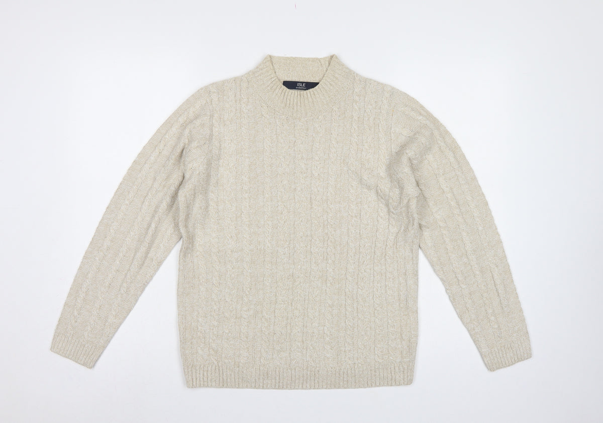 Isle Essentials Women’s Beige S Cable-Knit Mock Neck Jumper