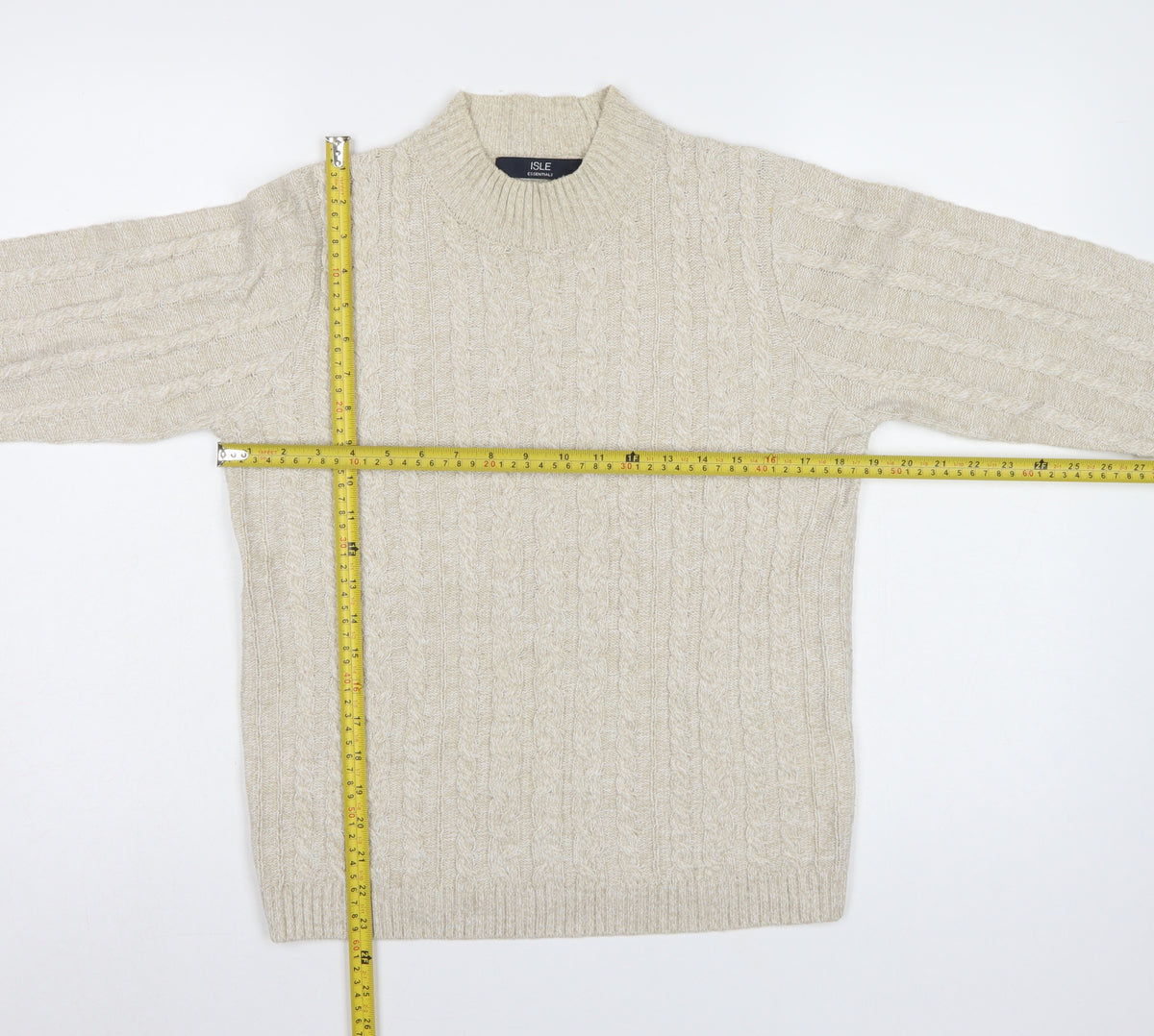 Isle Essentials Women’s Beige S Cable-Knit Mock Neck Jumper