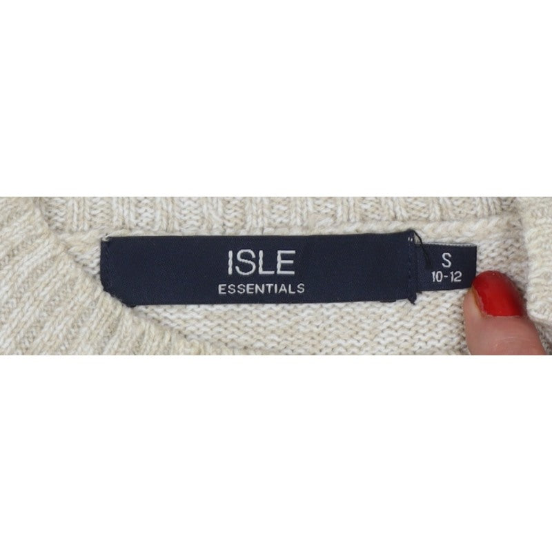 Isle Essentials Women’s Beige S Cable-Knit Mock Neck Jumper