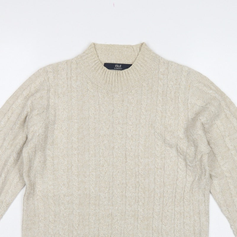 Isle Essentials Women’s Beige S Cable-Knit Mock Neck Jumper