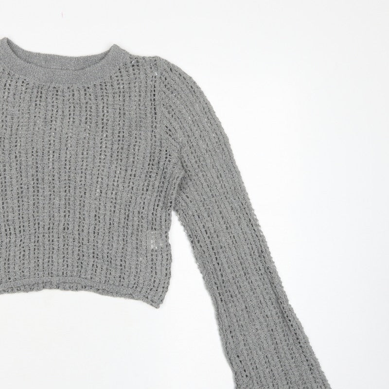 Pull&Bear Women’s Grey M Open Knit Bell Sleeve Pullover Jumper