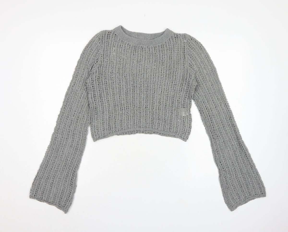 Pull&Bear Women’s Grey M Open Knit Bell Sleeve Pullover Jumper