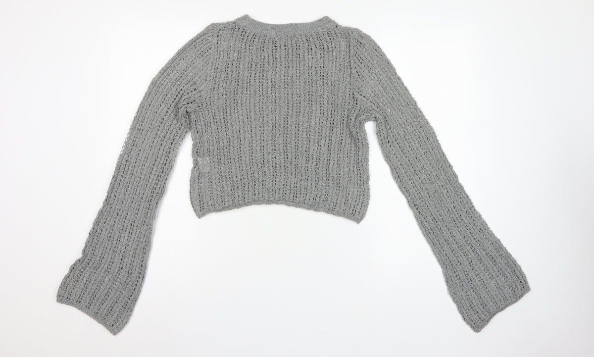 Pull&Bear Women’s Grey M Open Knit Bell Sleeve Pullover Jumper