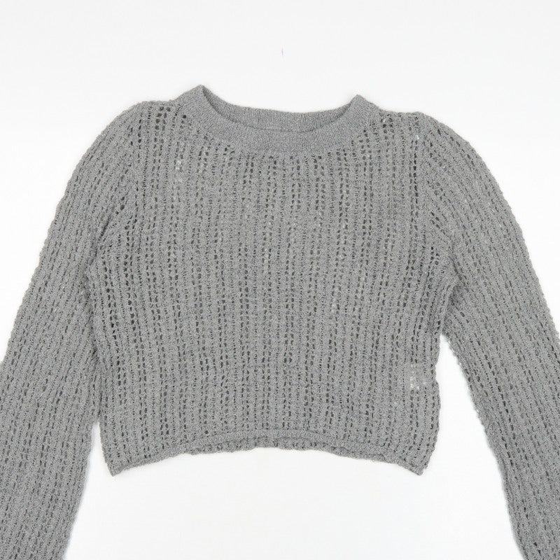 Pull&Bear Women’s Grey M Open Knit Bell Sleeve Pullover Jumper