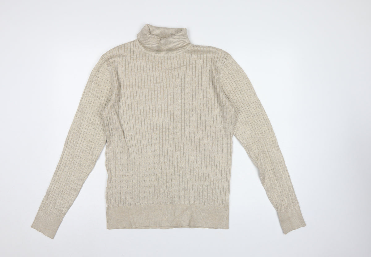 Feraud Men’s Beige XL Ribbed Roll Neck Viscose Knit Pullover Jumper