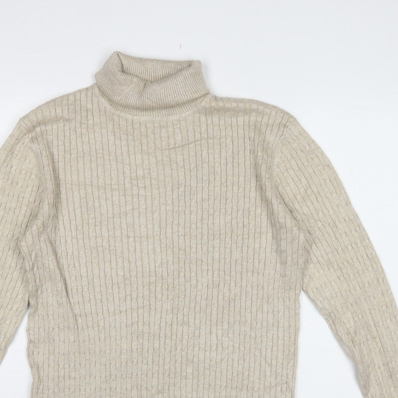 Feraud Men’s Beige XL Ribbed Roll Neck Viscose Knit Pullover Jumper