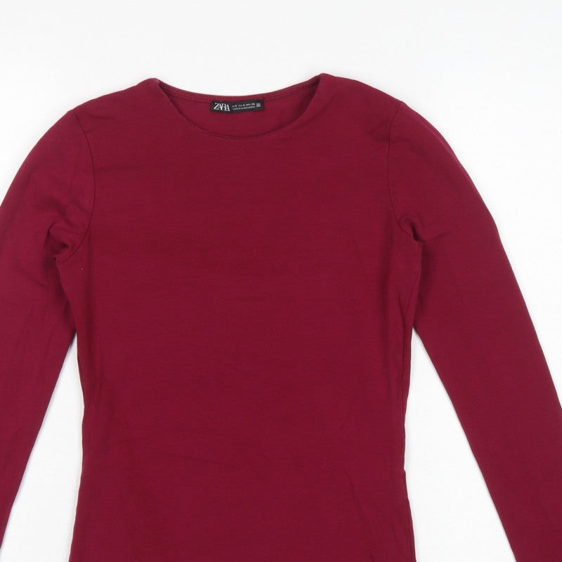 Zara Women's Red UK 8 Basic Slim Long Sleeve Jersey T-Shirt