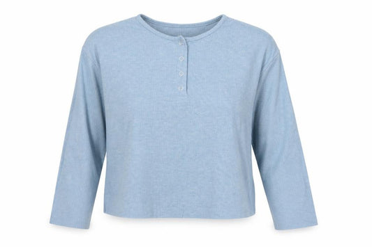Topshop Women Blue UK 10 Cropped Ribbed Henley Long Sleeve T-Shirt