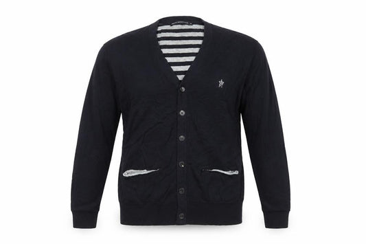 French Connection Men's Black M Button V-Neck Striped Knit Cardigan
