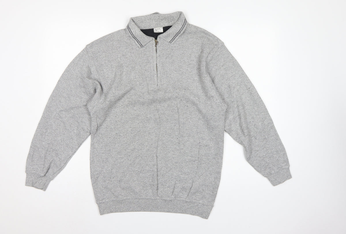 Angel & Stitch Men's Grey S Half Zip Cotton Blend Knit Jumper