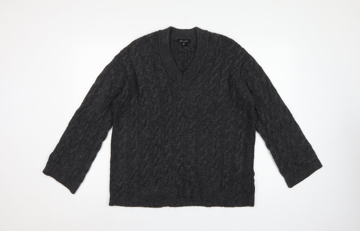 New Look Women’s Grey S Cable-Knit V-Neck Pullover Jumper