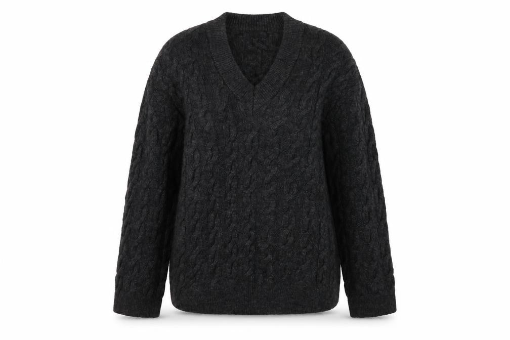 New Look Women’s Grey S Cable-Knit V-Neck Pullover Jumper