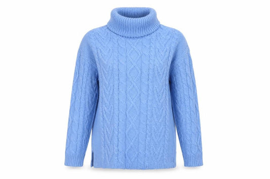 Cotton Traders Women Blue UK 20 Cable Knit Roll Neck Jumper