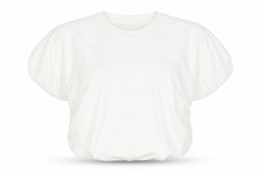 C&A Women Ivory M Cropped Puff Sleeve Crew Neck T-Shirt