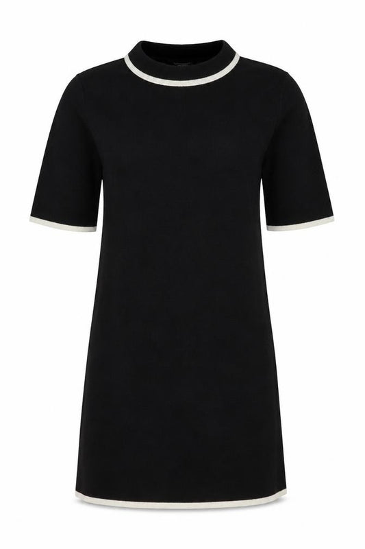 Zara Women Black S Knit Jumper Dress Zip Pockets Ivory Trim
