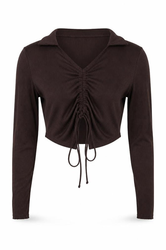 Pink Vanilla Women’s Brown L Cropped Ribbed Tie Front Polo Top