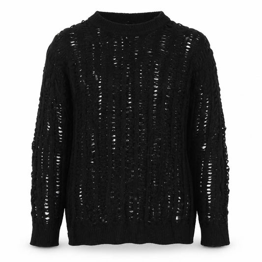 Boohoo Women’s Black L Distressed Cable Open Knit Crew Neck Jumper