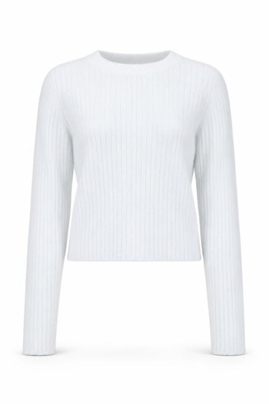 Bershka Women White M Ribbed Crew Neck Long Sleeve Slim Jumper