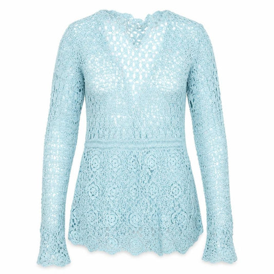 Planet Women Blue Large Crochet Floral Open Knit Tunic Jumper