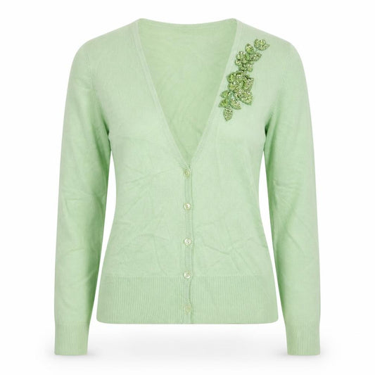New York & Company Women Green XS V-Neck Floral Beaded Cardigan