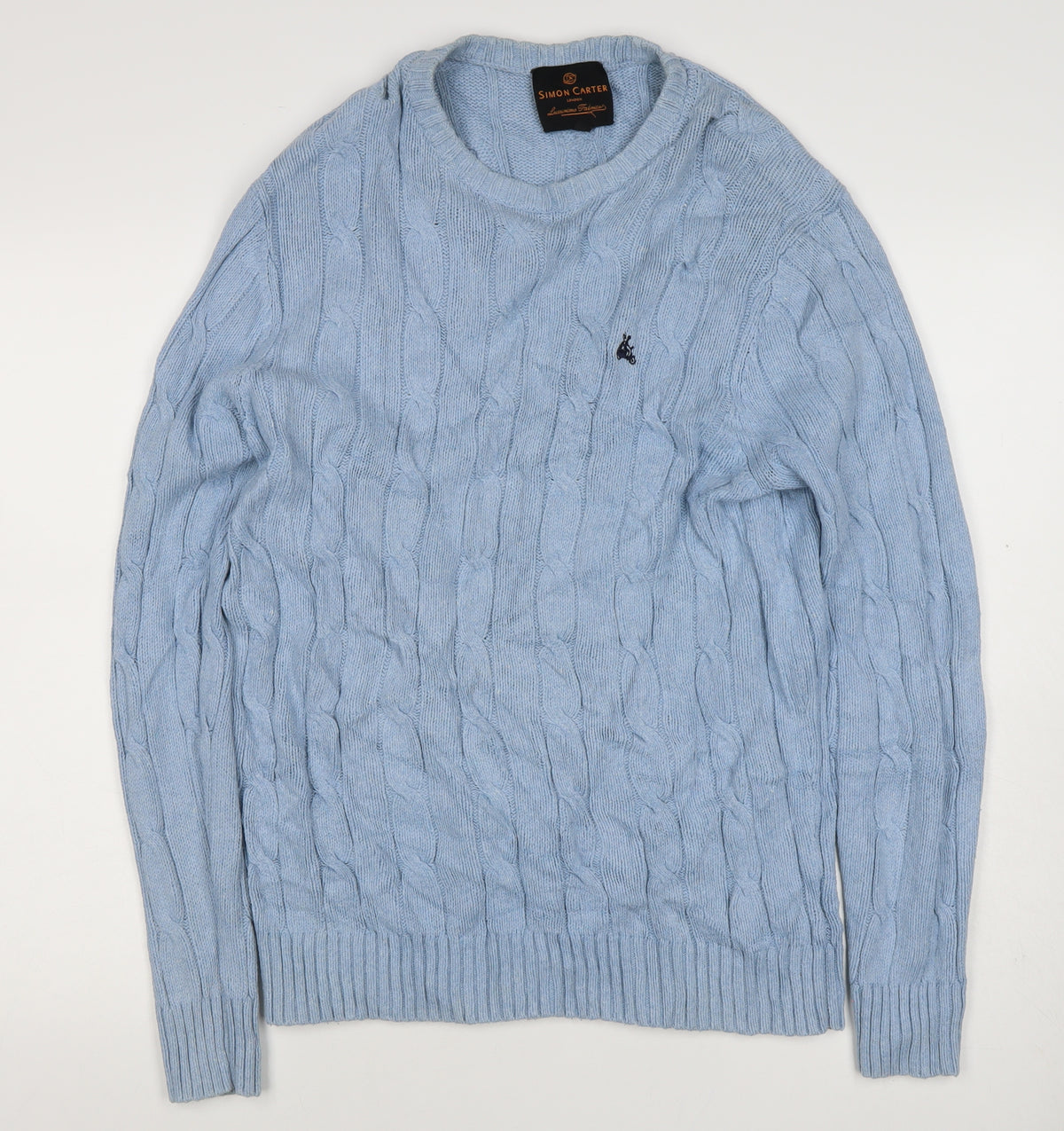Simon Carter Men’s Blue XL Cable Knit Crew Neck Pullover Jumper